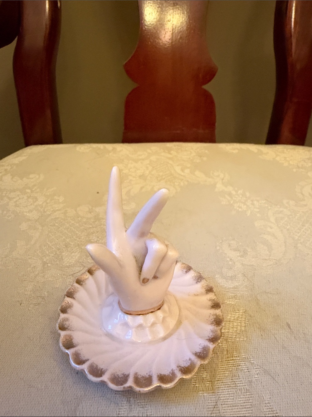 Pink Lefton China porcelain hand ring holder with gold accents